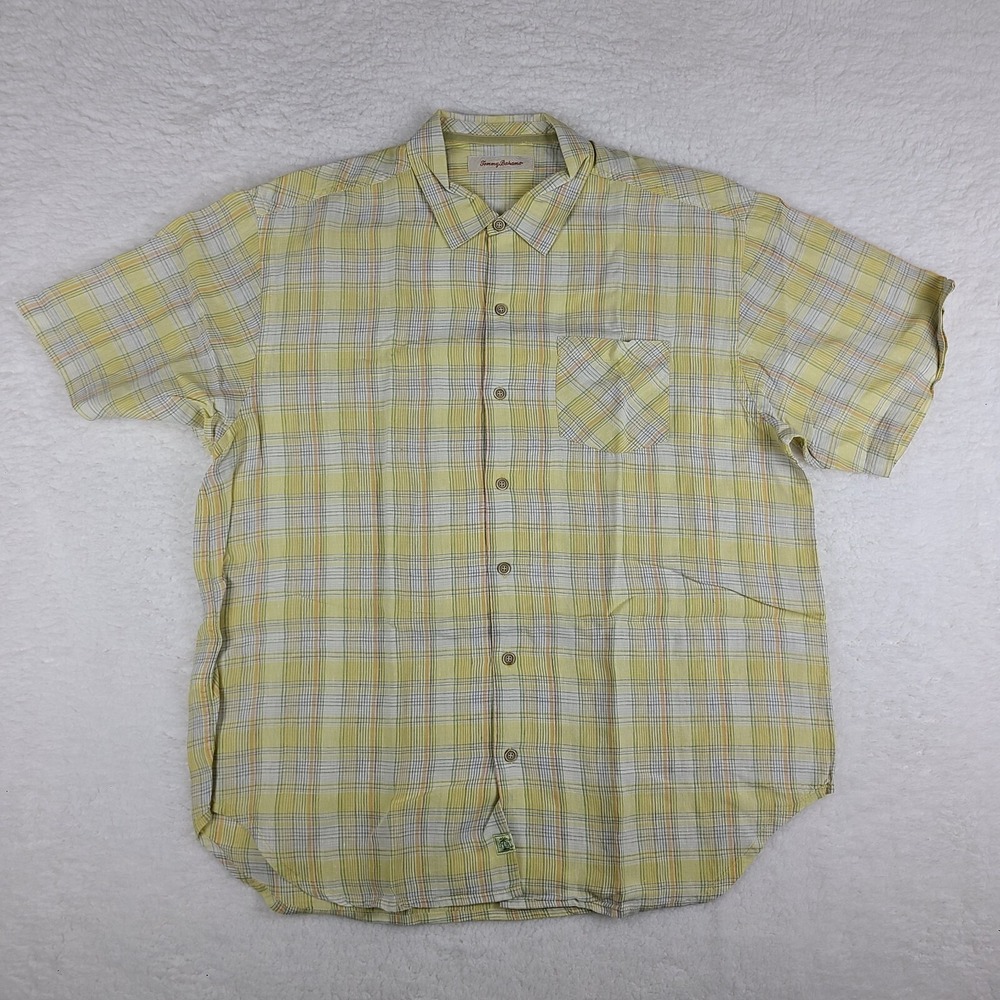 Tommy Bahama‎ Shirt Mens XL Yellow Multi Color Plaid Linen Hawaiian Button Up